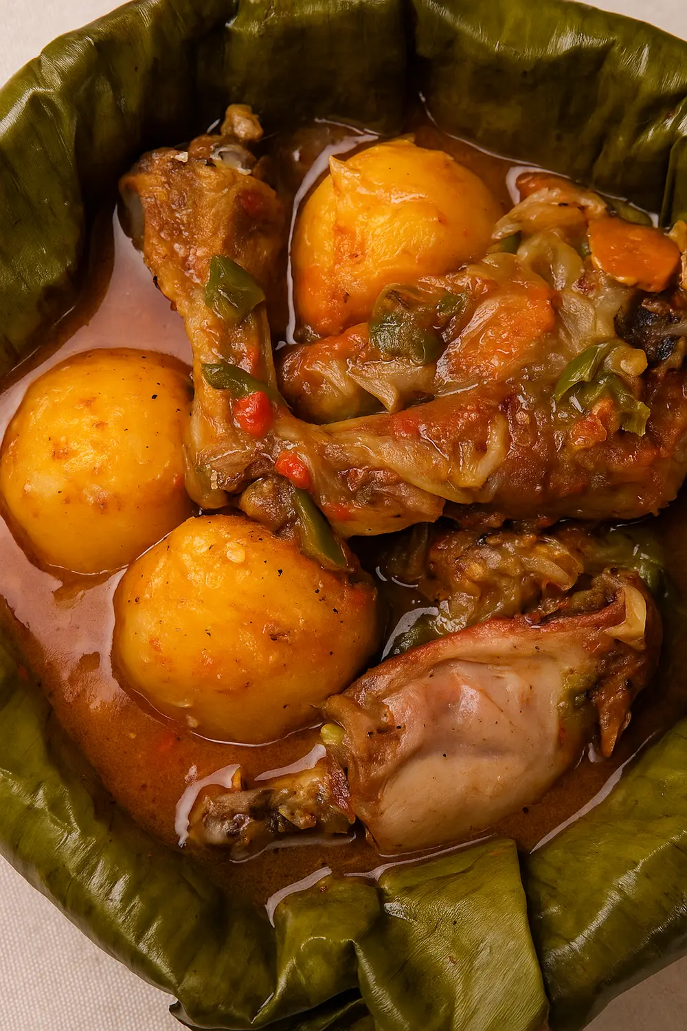 Slow-cooked crockpot chicken stew with potatoes and vegetables in a rich tomato sauce.