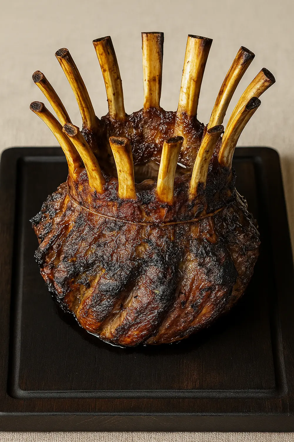 Fully roasted, bronzed crown roast of lamb recipe featuring two grilled racks of lamb chops with a dark, savory crust on a black cutting board.