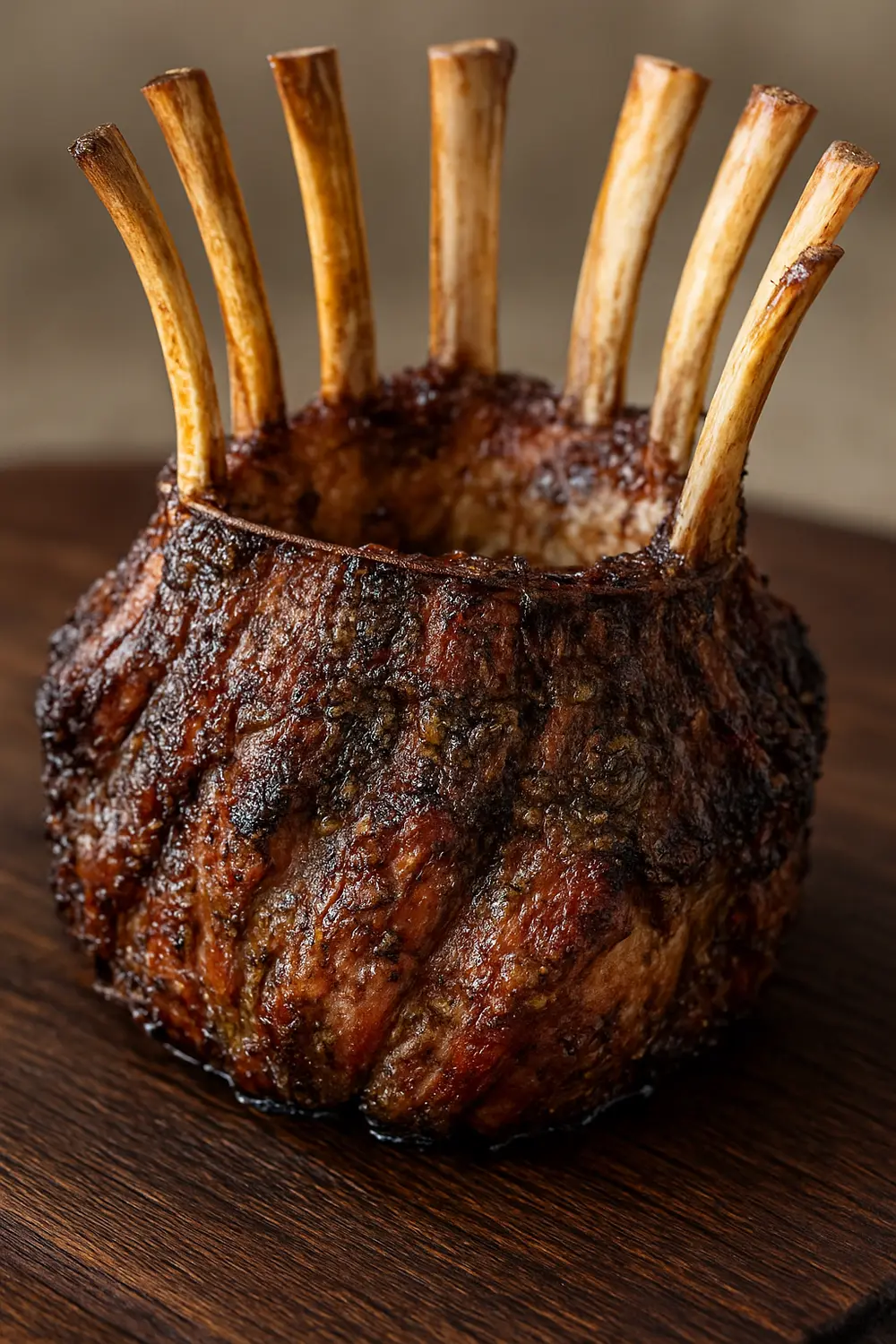 The best lamb roast recipe featuring a golden-brown, crown of lamb roast with exposed, clean rib bones, resting on a dark serving board.