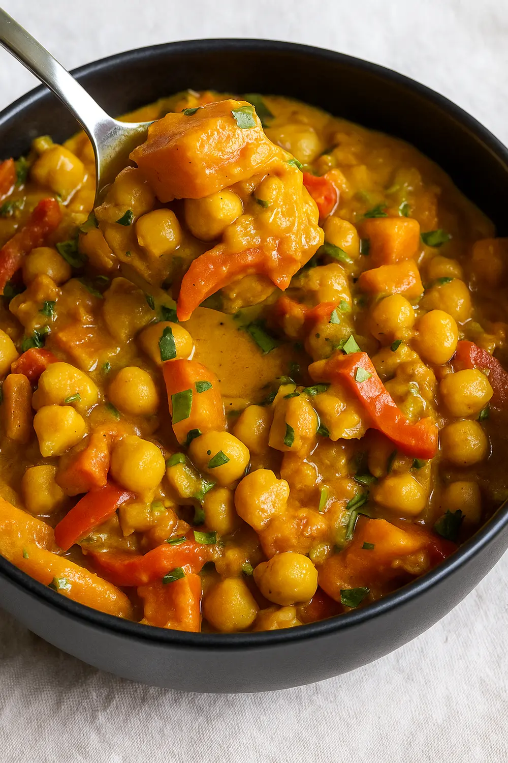 Easy chickpea curry recipe featuring creamy chickpea curry with carrots and red peppers in a coconut sauce, perfect for quick weeknight dinners.