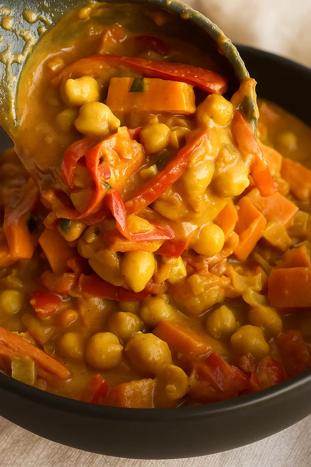 Easy chickpea recipe featuring chickpeas, carrots, and bell peppers simmered in a coconut broth.