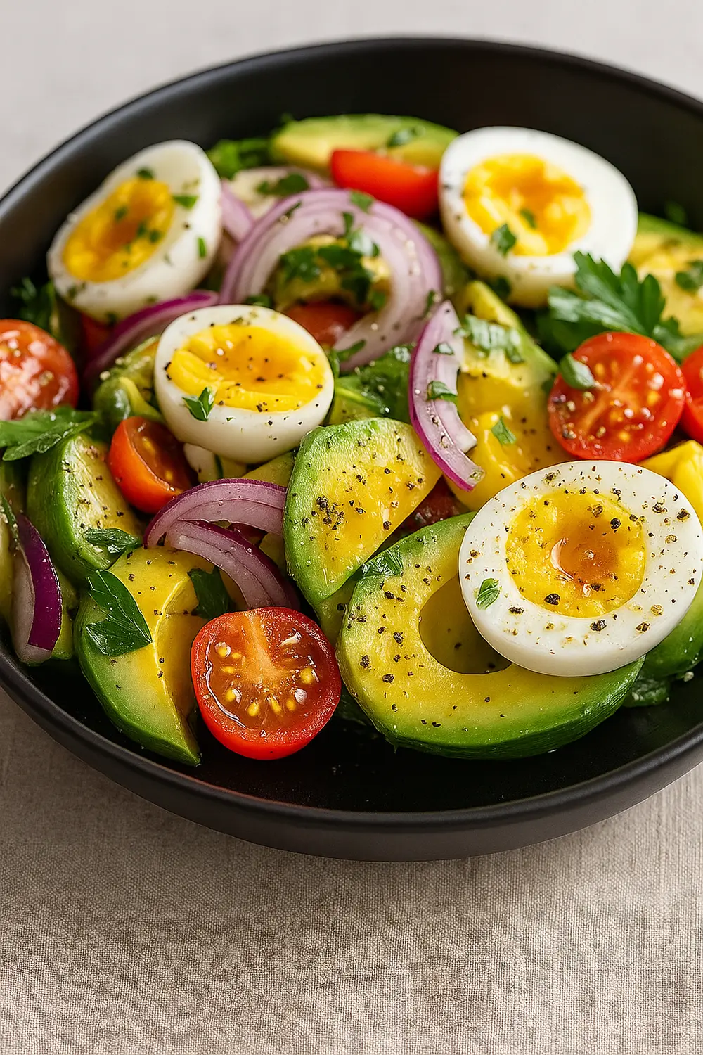 The best egg salad recipe with boiled eggs, creamy avocado, cherry tomatoes, and red onions, perfect for a low-carb meal.