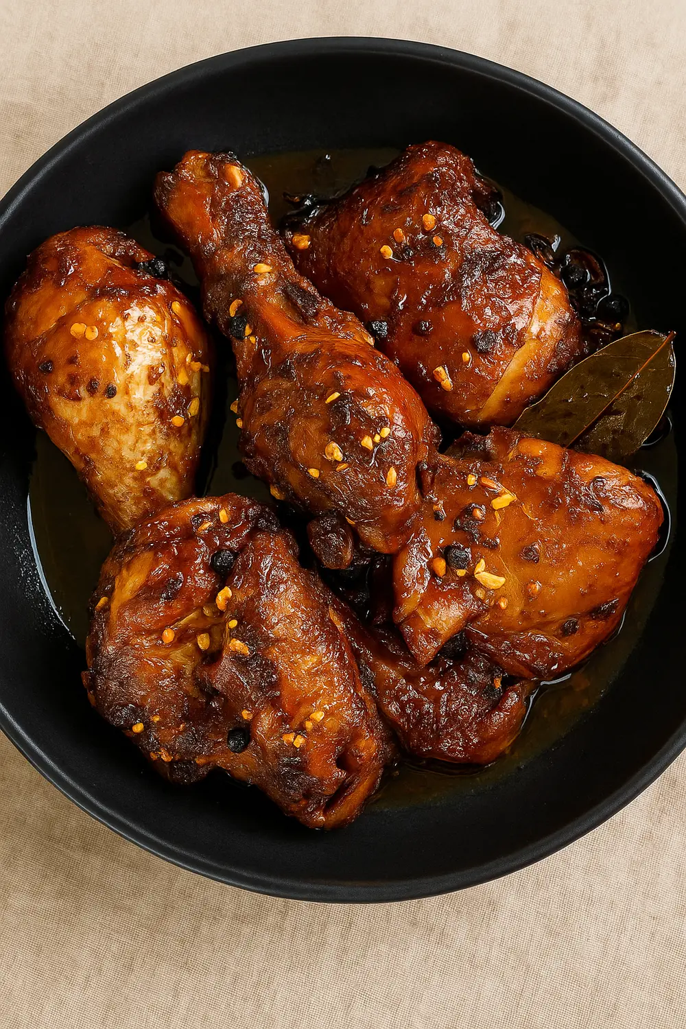 Filipino chicken adobo recipe featuring tender chicken simmered in soy vinegar sauce and topped with pepper flakes.
