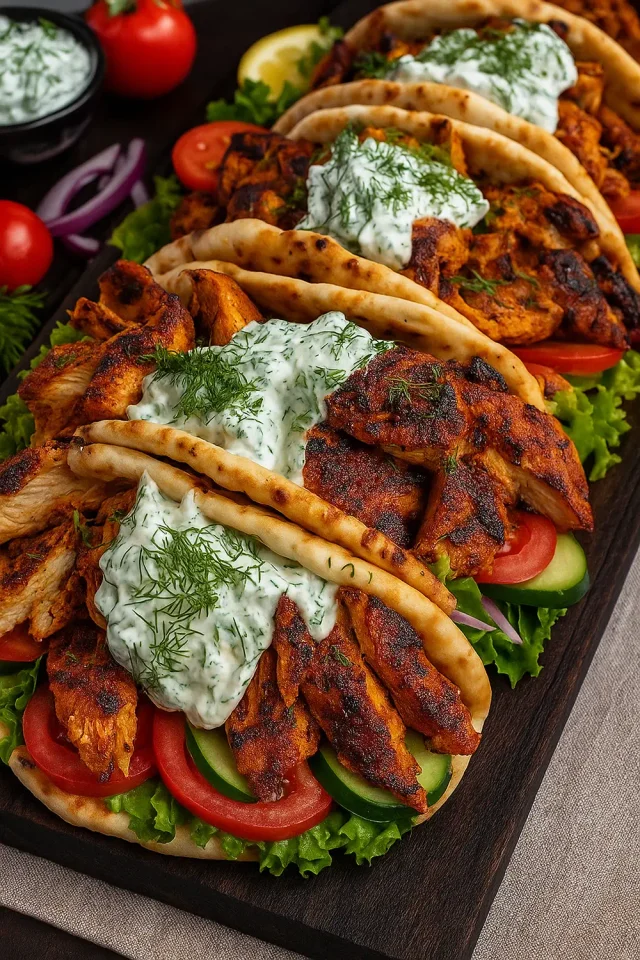 Greek chicken gyros with tzatziki, tomato, and onion in warm pita
