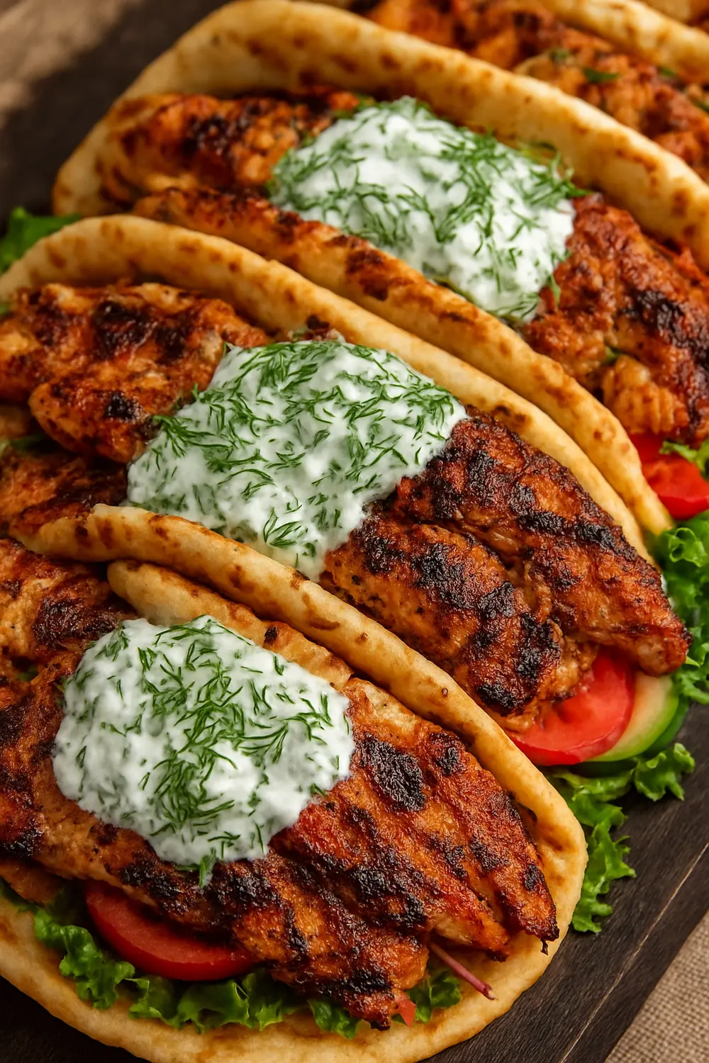 Grilled healthy chicken gyros wrap filled with fresh vegetables and creamy tzatziki sauce.