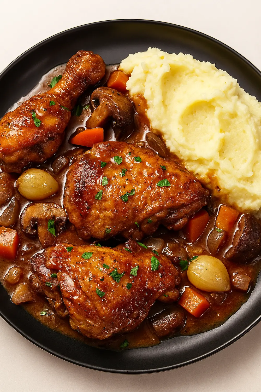 Easy Julia Child Coq au Vin recipe showing tender chicken in a glossy red wine sauce with carrots, mushrooms, and pearl onions over creamy mashed potatoes.
