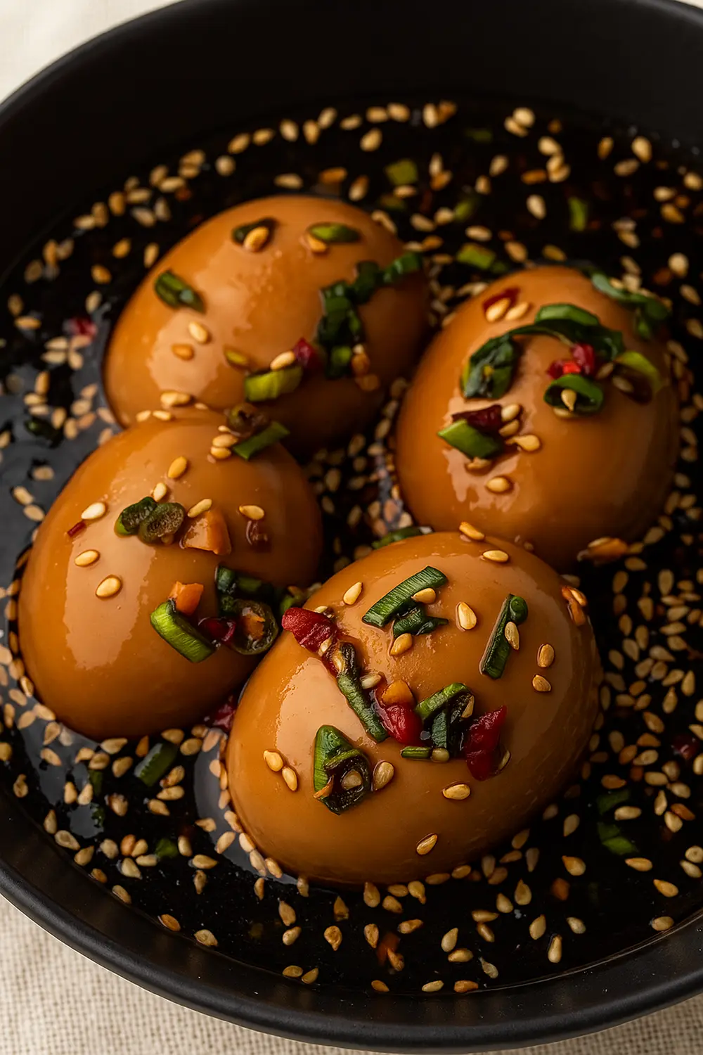 Easy Korean eggs recipe featuring Korean-style soft-boiled eggs marinated in soy sauce with sesame seeds, scallions, and chili, for a delicious high protein snack.
