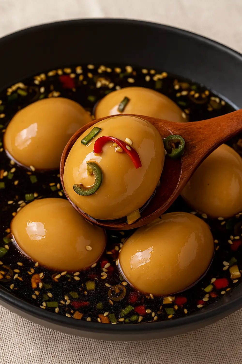 Korean mayak eggs in soy sauce marinade with scallions, sesame seeds, and red chili slices.