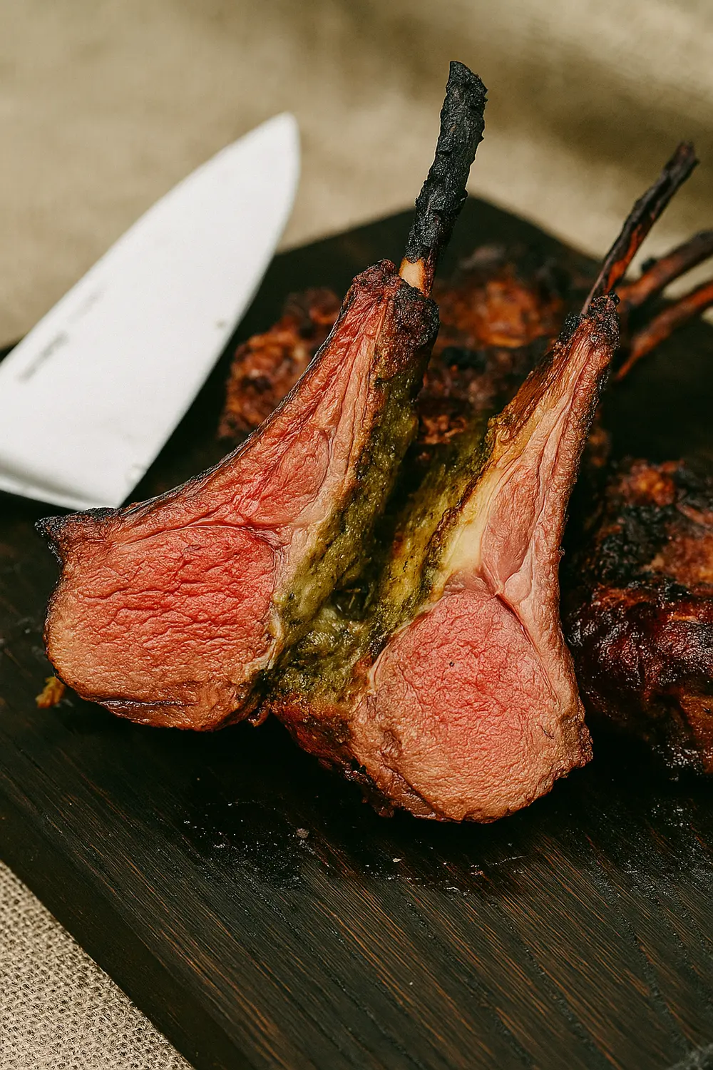 Easy lamb chop recipe featuring two thick, perfectly cooked lamb chops, cut from the crown lamb roast, showing a rosy-pink medium-rare center and a bright green herb crust or sauce.
