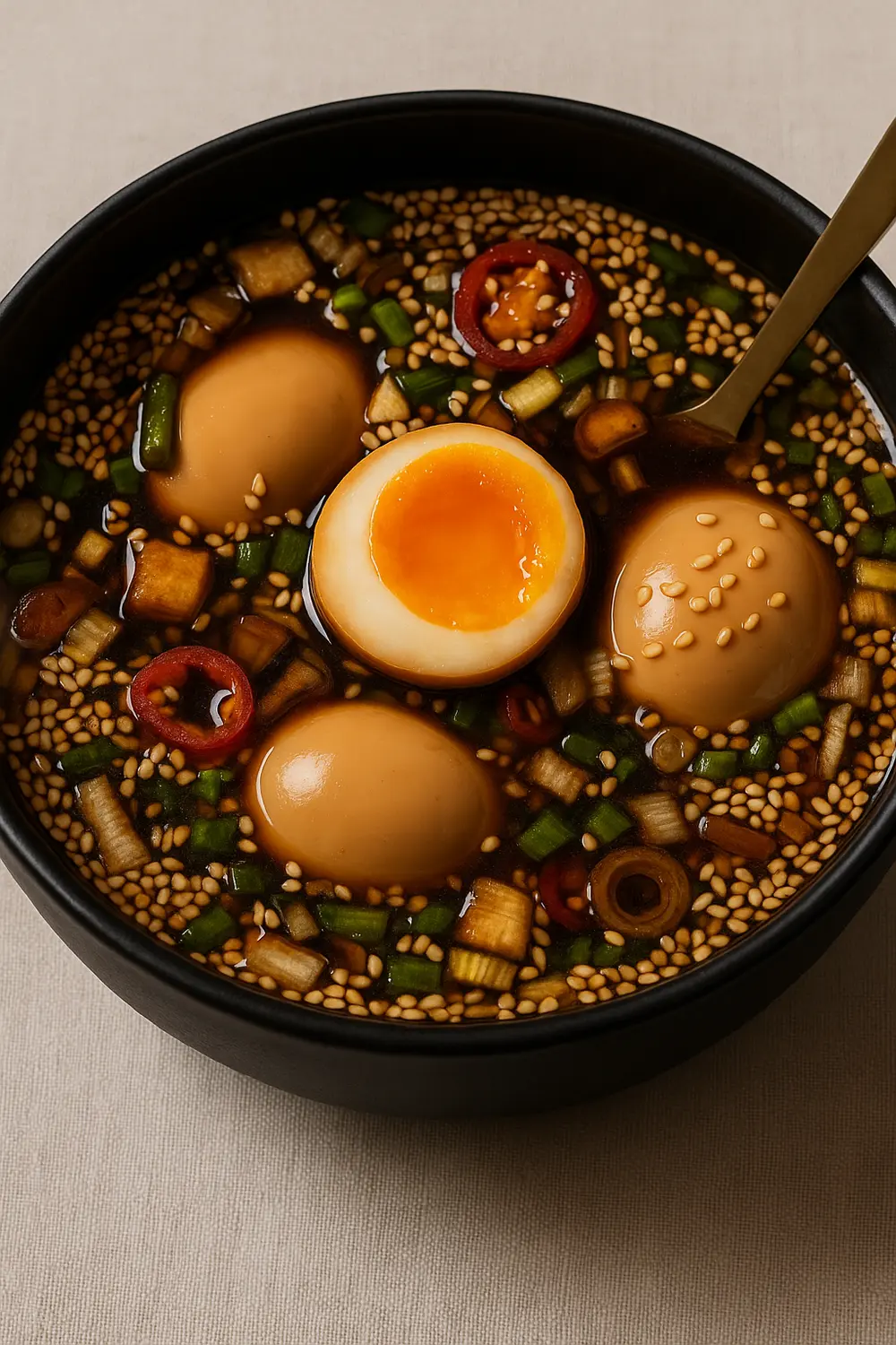 Mayak eggs served in a soy-sesame marinade with chili, scallions, and sesame seeds.
