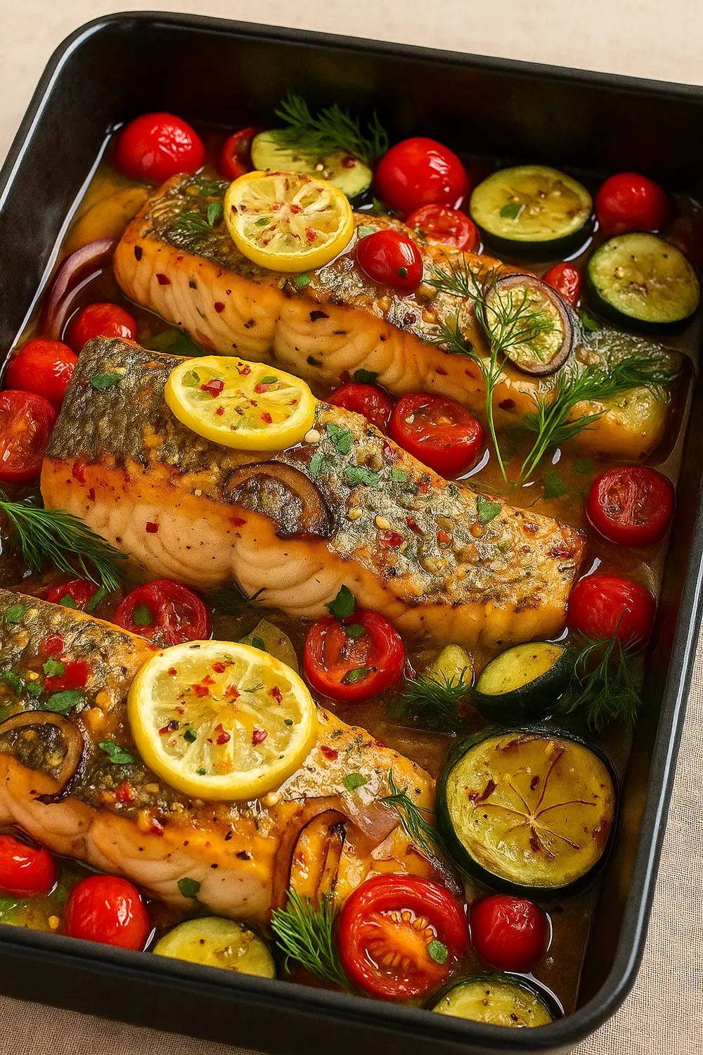 Mediterranean salmon recipe featuring baked salmon with lemon, cherry tomatoes, zucchini, and herbs, perfect for family dinner.