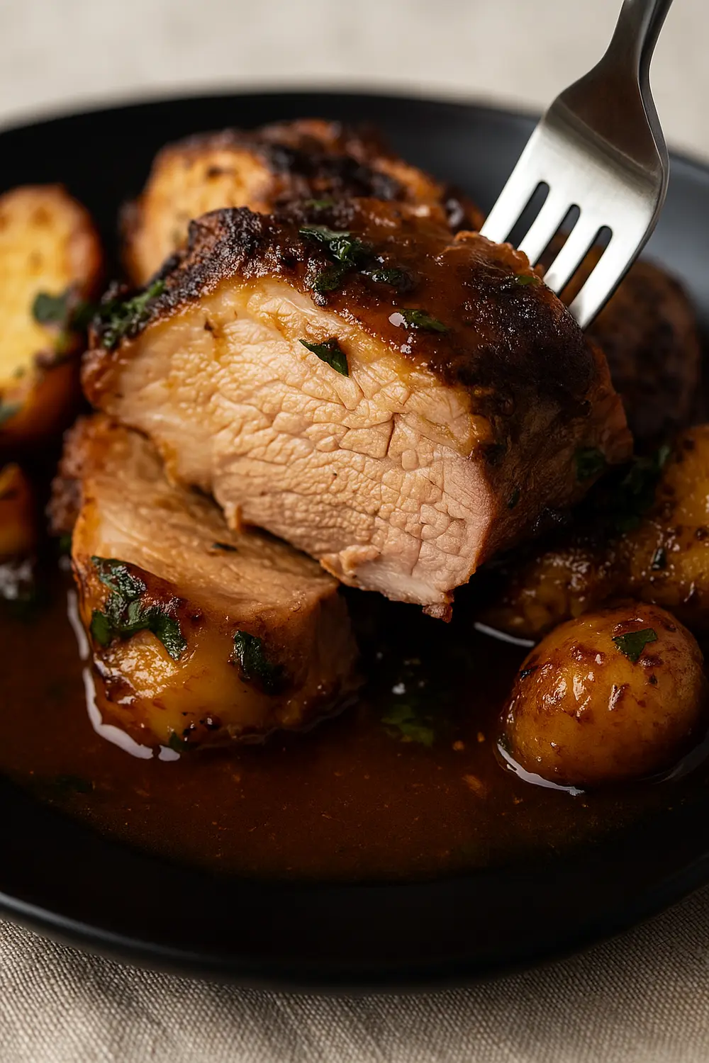 Easy oven roasted pork loin recipe featuring juicy pork loin roasted pieces with baby potatoes in a rich gravy.