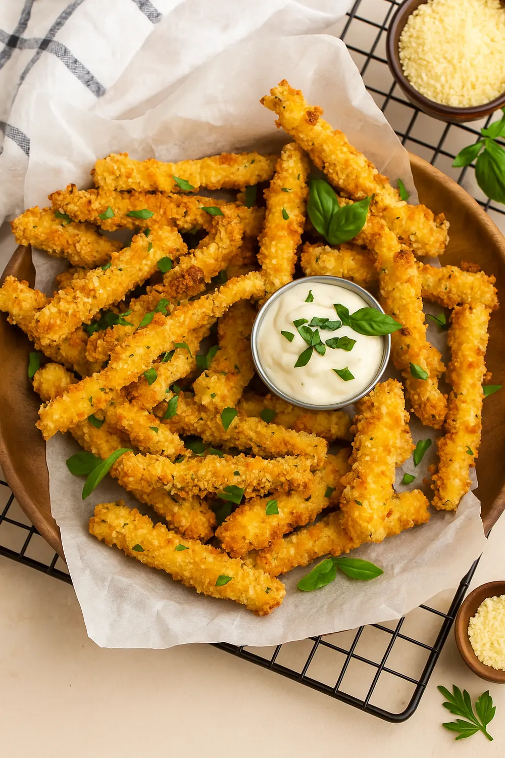 Delicious and crispy Parmesan zucchini fries with golden crust and fresh herbs, with a side of creamy dipping sauce.