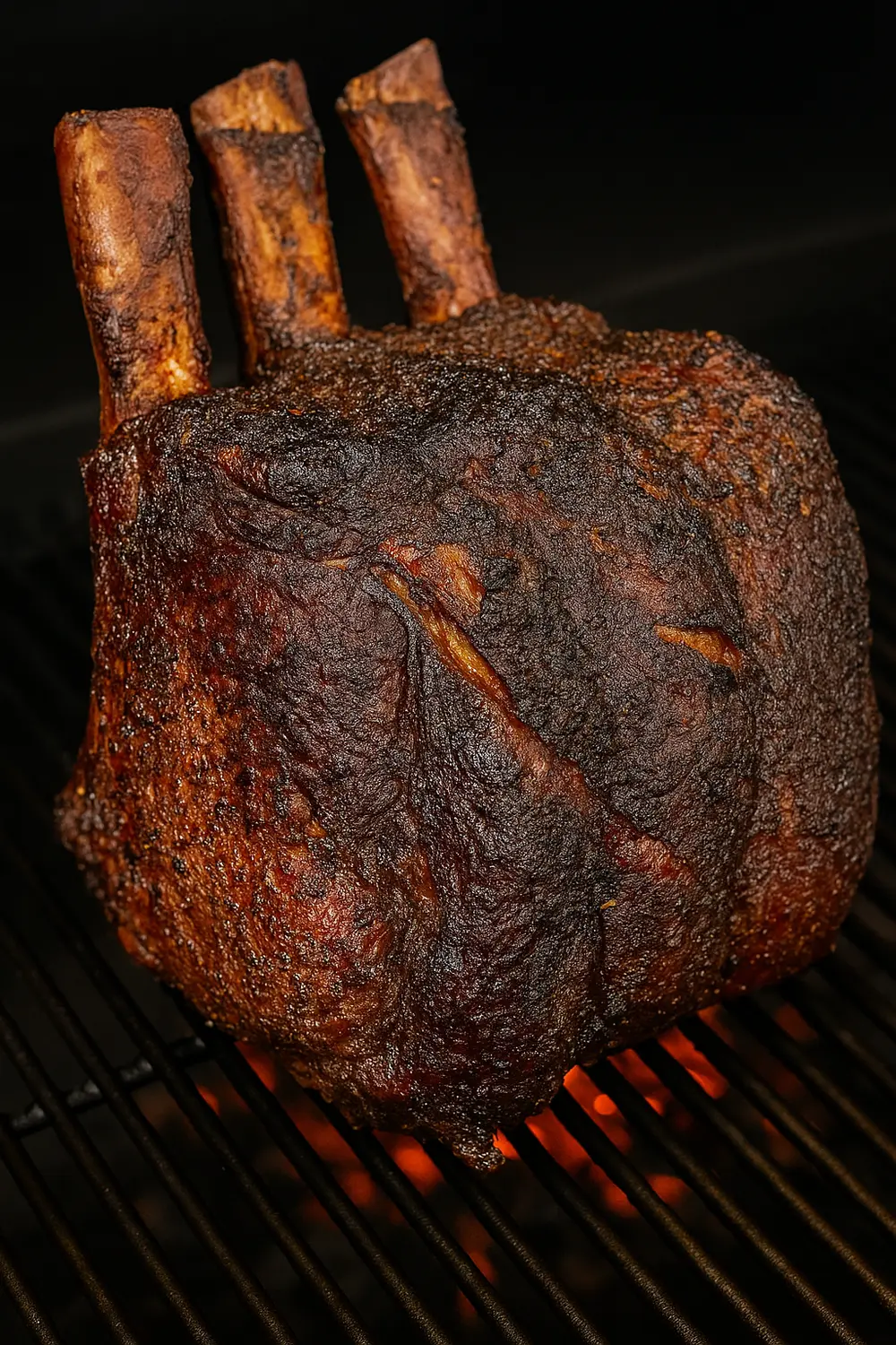 Herb-seasoned smoked prime rib roast cooking on a pellet grill with flames, an ideal centerpiece for festive holiday dinners.