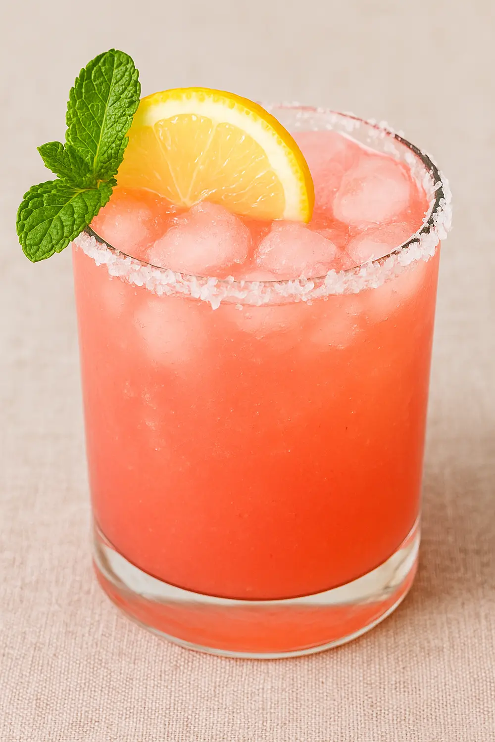 This pink salt trick features a refreshing pink salt drink served with ice, lemon slice, and mint leaves, ideal for supporting weight loss naturally.