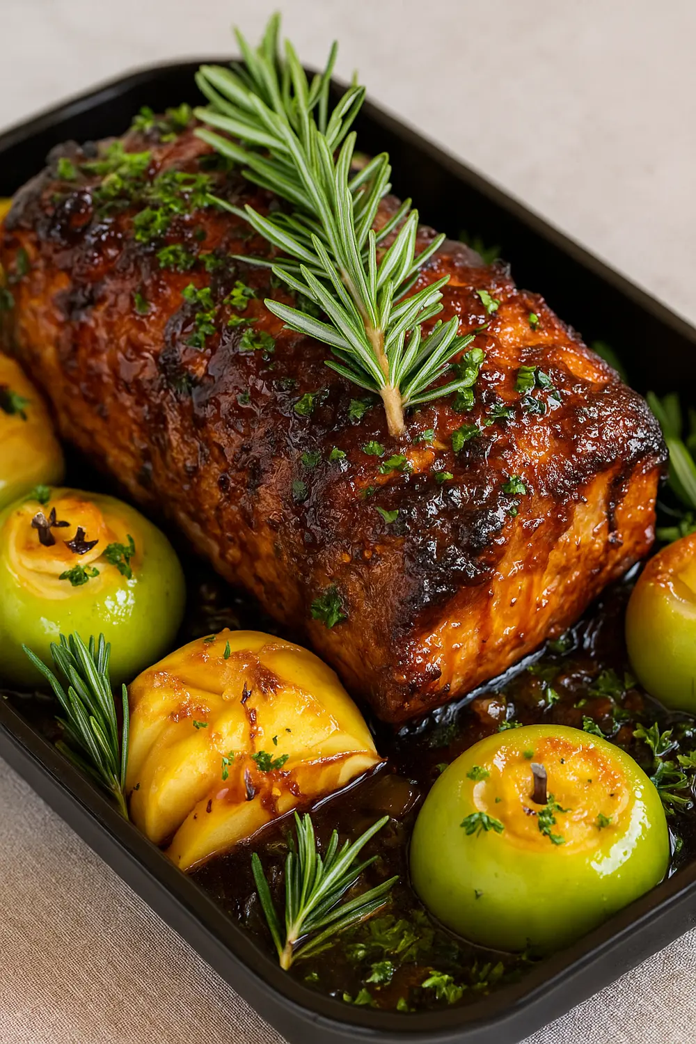 Pork loin roast in oven with a golden crust, garnished with fresh rosemary and baked apples.