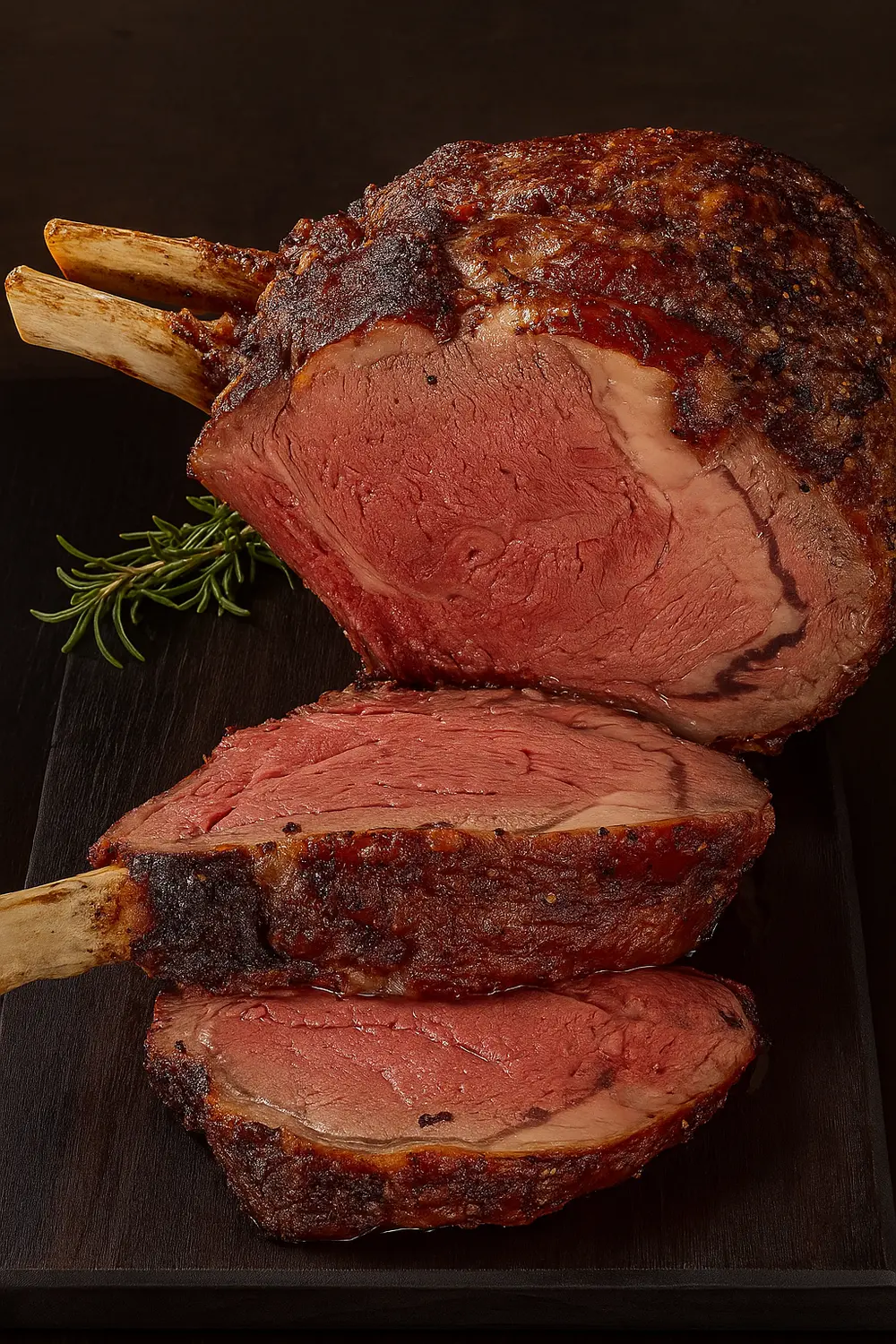 Easy prime rib roast recipe featuring oven-roasted bone-in prime rib with a golden crust, tender pink center, one of the best Christmas party food ideas for buffet and dinner.