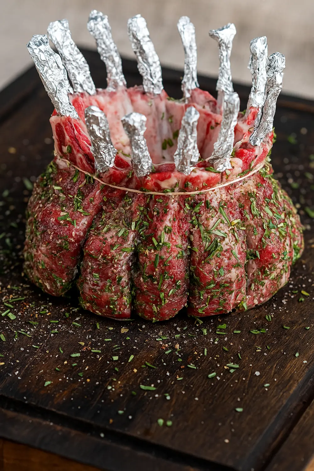 Raw crown roast of lamb, also known as roast lamb crown, tied and heavily seasoned with herbs like rosemary and thyme, with individual rib bones wrapped in aluminum foil, set on a dark wooden cutting board.