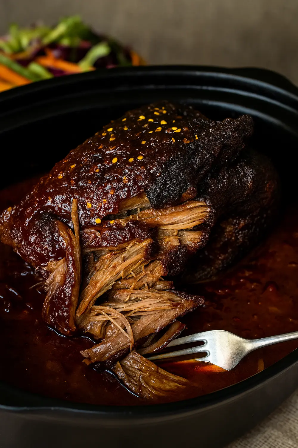 Slow cooker beef brisket covered in a glossy barbecue sauce, with strands of tender, pulled meat on a fork.