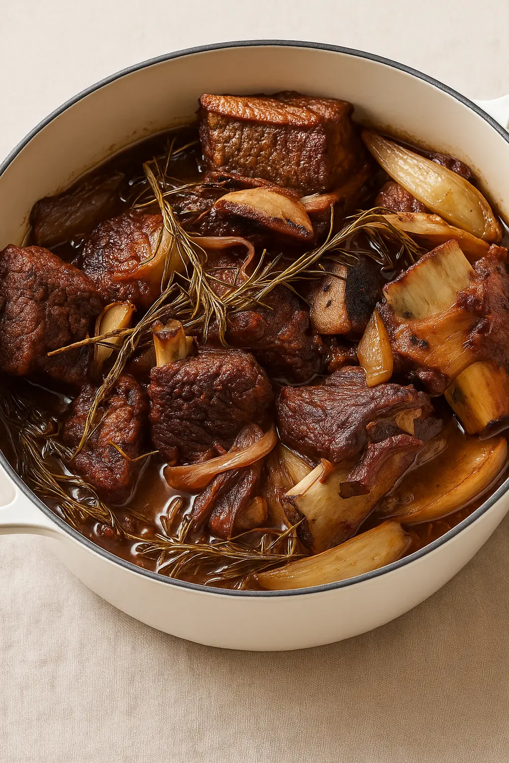 Tender slow cooker short ribs simmered in a rich, savory red wine sauce with onions and rosemary in a white Dutch oven.