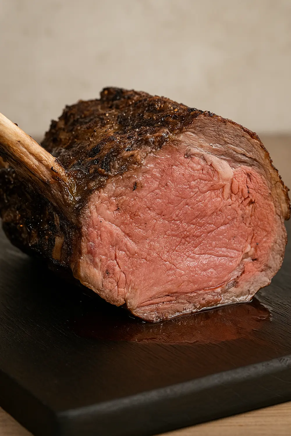Smoked bone-in prime rib roast with a rich, smoky crust and tender pink center, perfect for festive holidays.