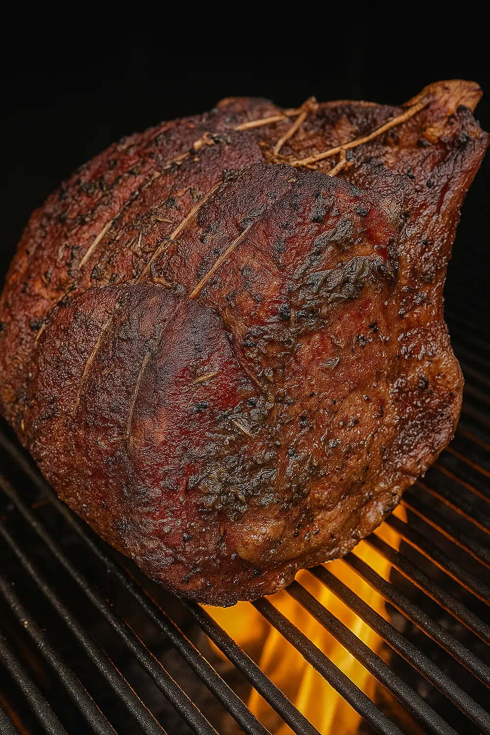 Smoked prime rib recipe features a garlic and herb crusted prime rib roast, slowly smoked on a Traeger pellet grill to perfection, perfect for festive holidays such as Christmas, Thanksgiving, or Easter.