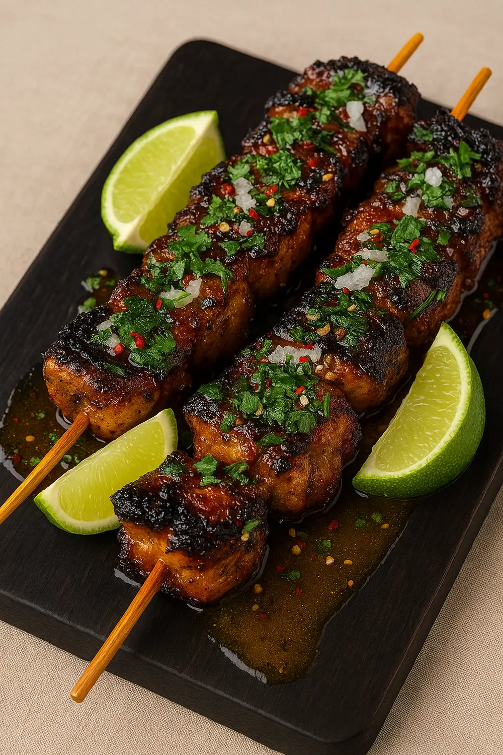 Thai chicken skewers with a caramelized glaze, fresh herbs, and chili flakes served with lime wedges.