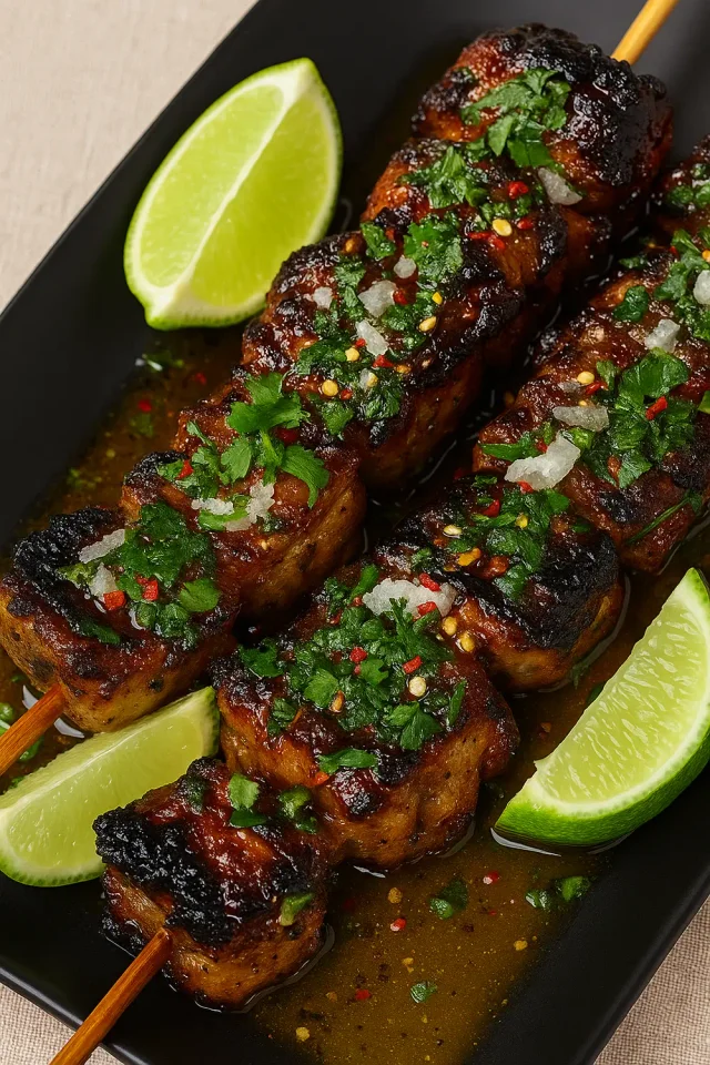 Grilled Thai chicken skewers with dipping sauce over sticky rice