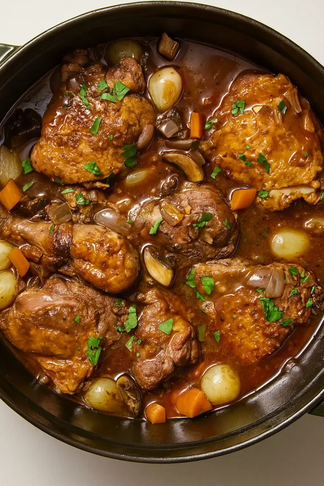 Traditional coq au vin with mushrooms and pearl onions in red wine sauce
