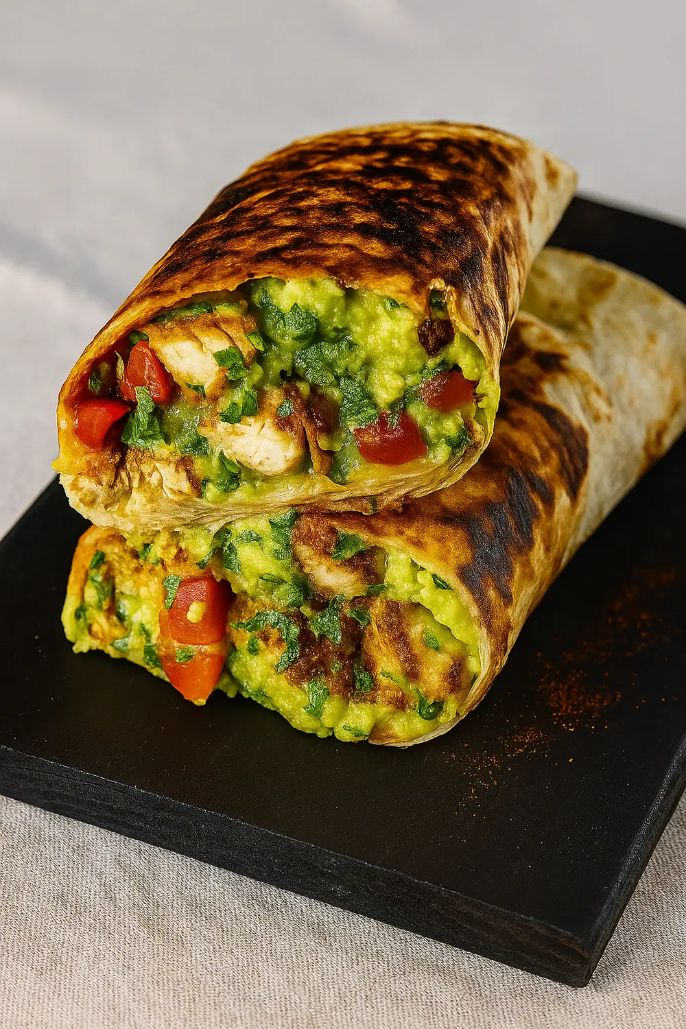 Turkey avocado wrap with golden grilled tortilla, avocado spread, and colorful vegetables.