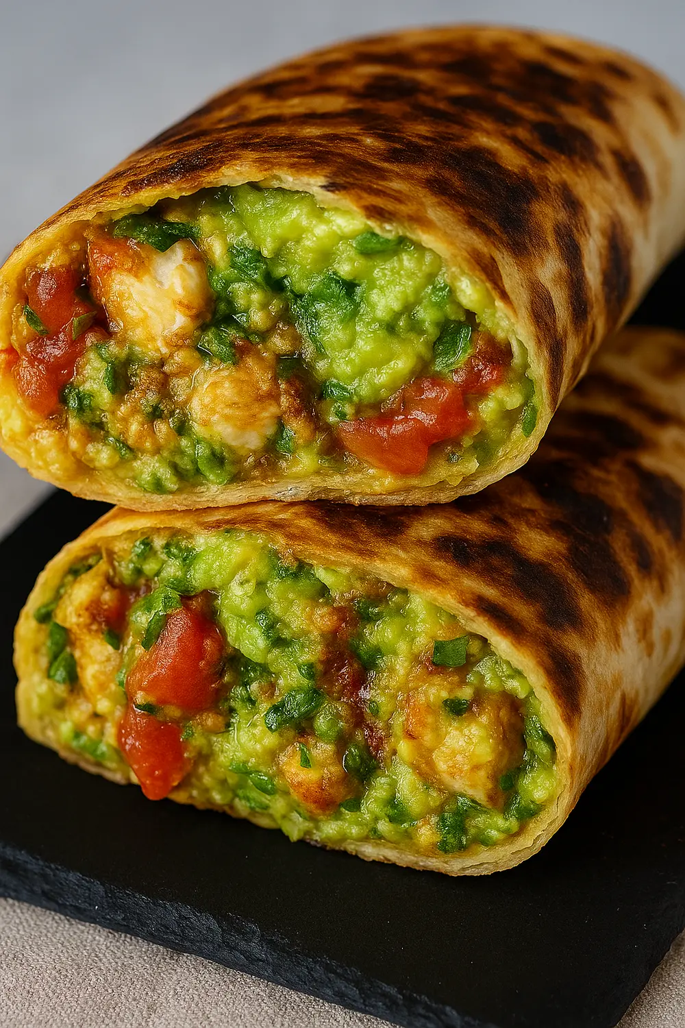 Turkey and avocado wrap halves stacked on a dark board with creamy avocado filling.