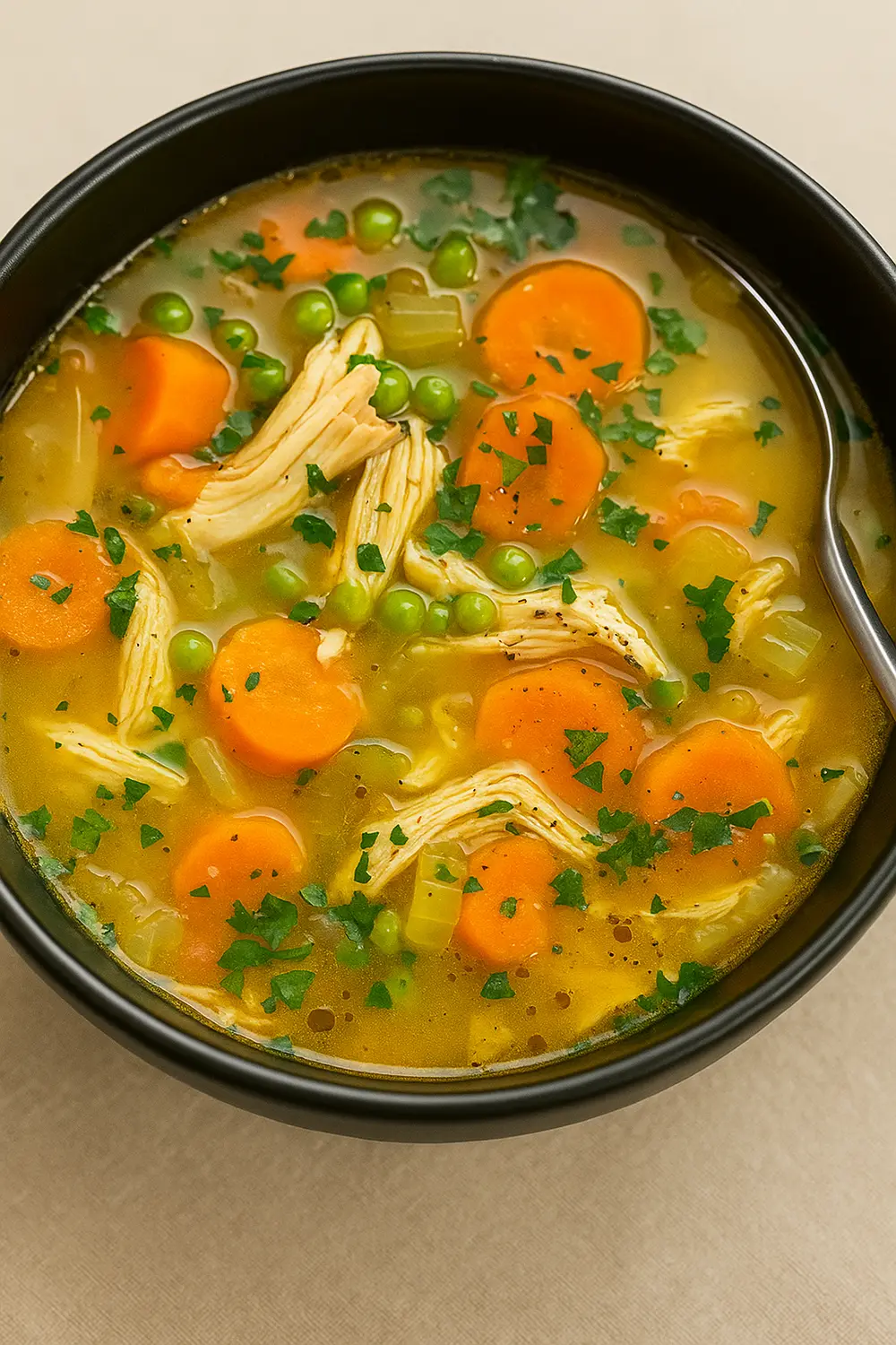 A bowl of vibrant anti inflammatory turmeric chicken soup with golden broth, carrots, peas, and fresh herbs.