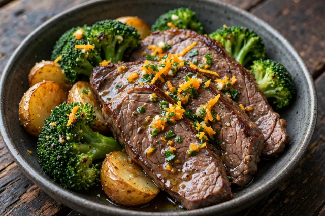 Seared beef with broccoli and orange gremolata