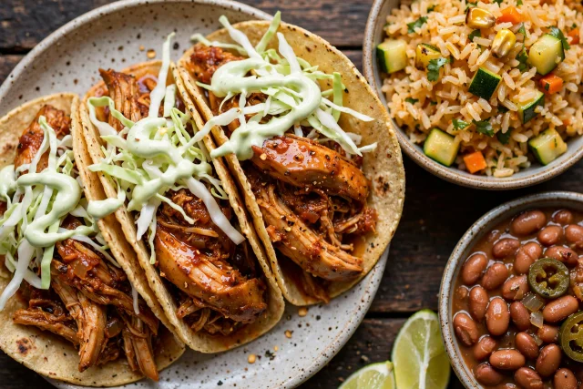 Chicken tinga tacos with cabbage and lime crema