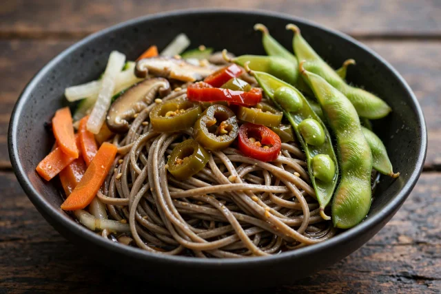 Buckwheat soba with edamame and pickled peppers