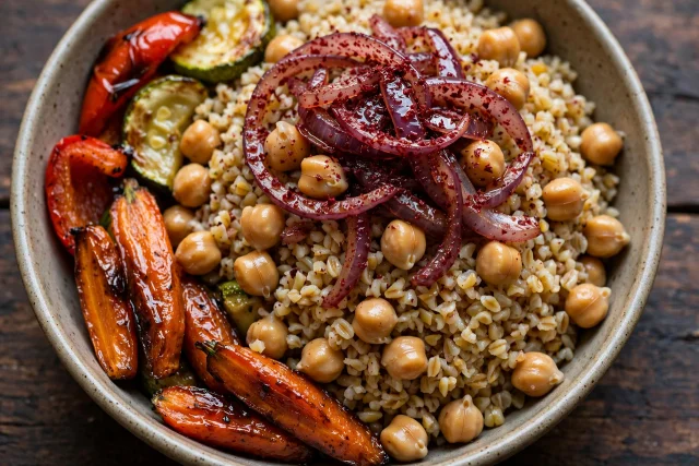 Cracked wheat pilaf with chickpeas and sumac onions