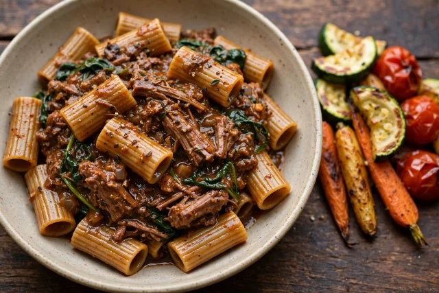 Beef ragu with whole wheat rigatoni and spinach