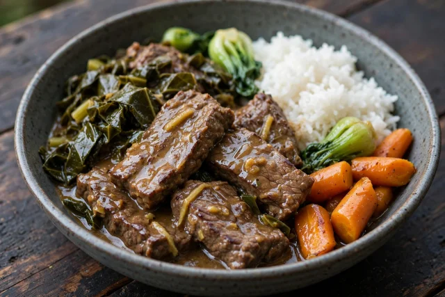 Ginger beef and collard green stew with rice