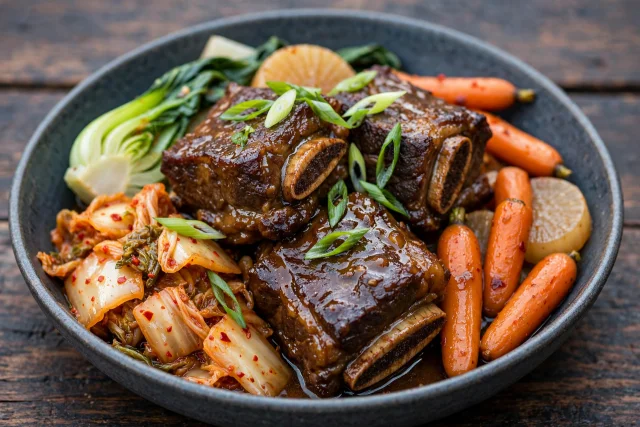 Braised short ribs with kimchi and scallions