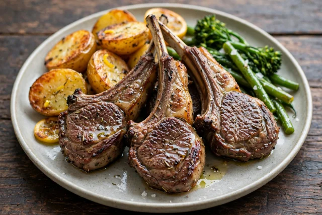 Grilled lamb chops with lemon potatoes and greens