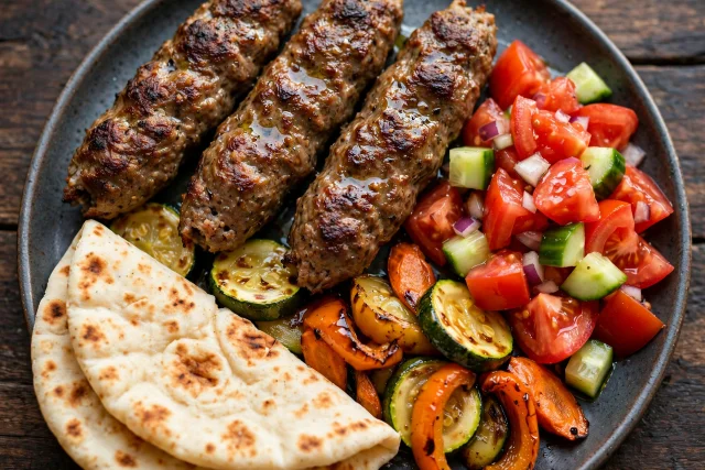 Lamb kofta with tomato salad and flatbread