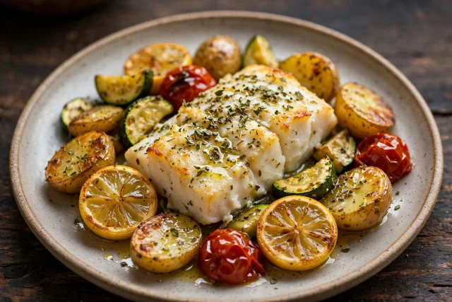 Greek baked cod with lemon potatoes and oregano