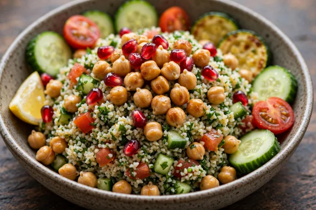 Tabbouleh with chickpeas and pomegranate seeds