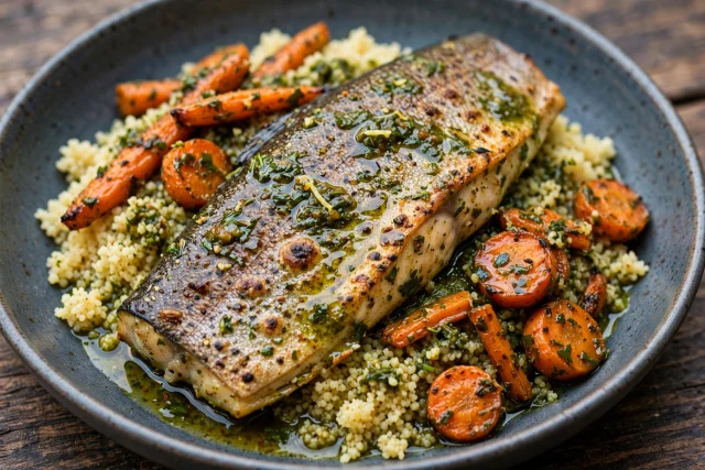 Chermoula baked trout with couscous and carrots