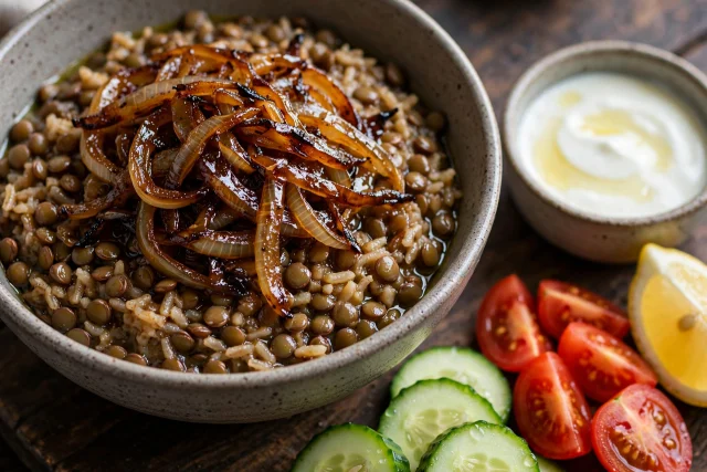 Mujadara with caramelized onions and parsley