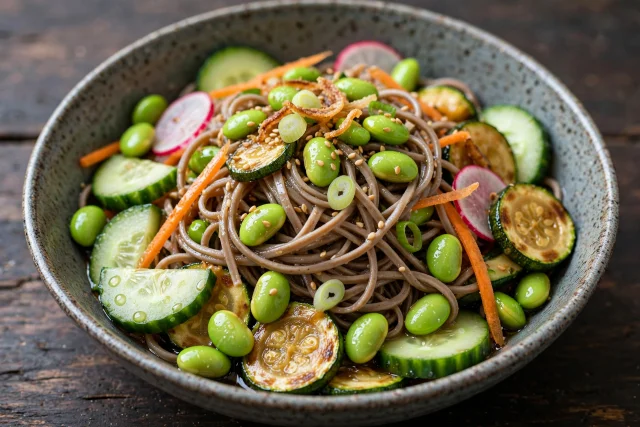 Chilled soba salad with edamame and cucumber