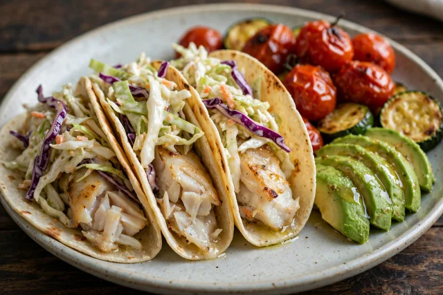 Baked white fish tacos with cabbage slaw