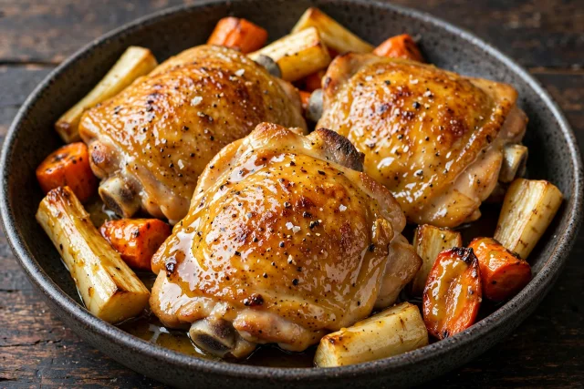 Mustard glazed chicken thighs with parsnips and carrots