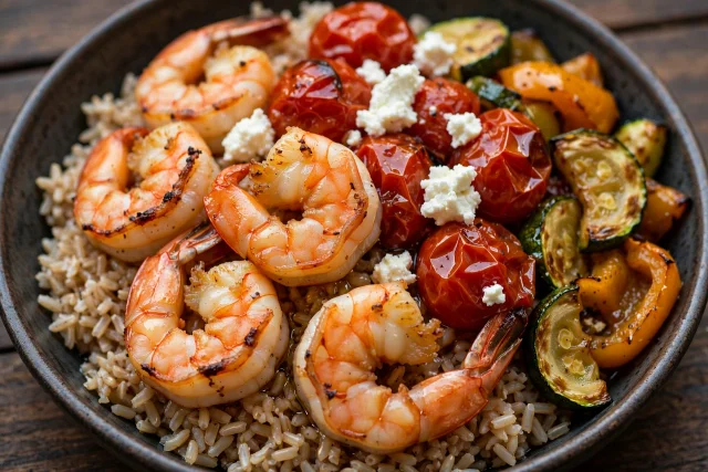 Baked shrimp with tomatoes and feta over brown rice