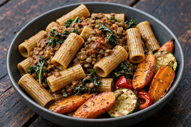 Whole wheat rigatoni with lentil ragu and kale
